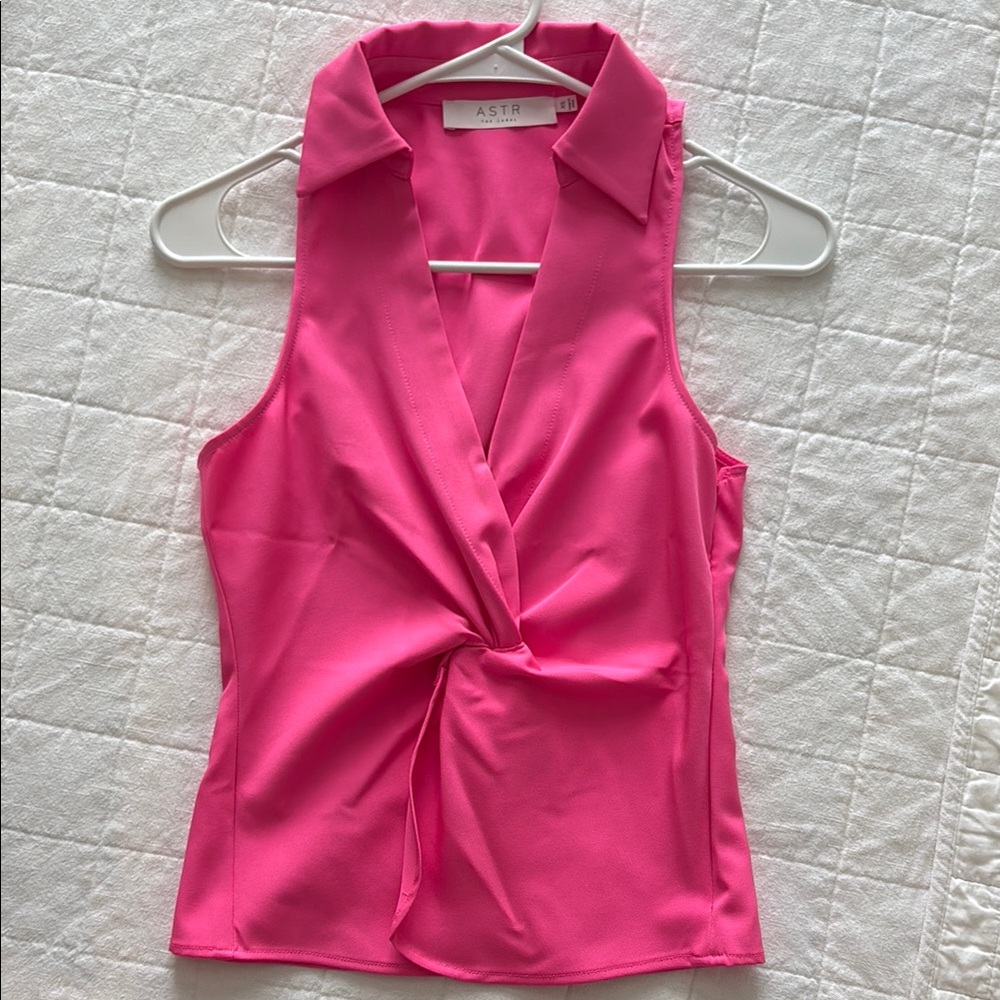 Astr Pink Sleeveless Blouse with Tie Front and Notched Collar